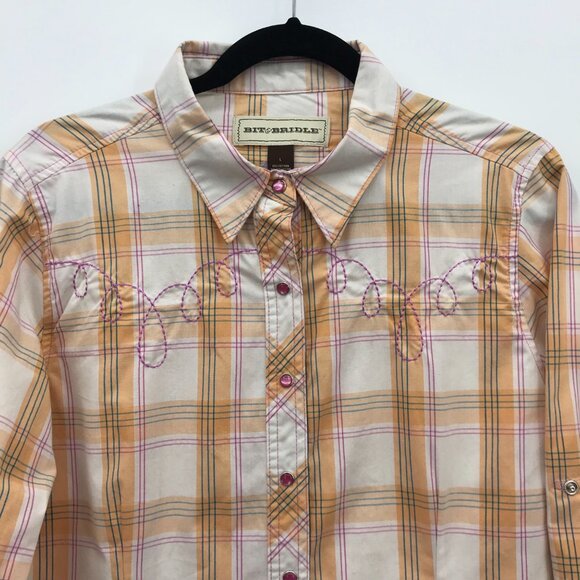 Bit & Bridle Plaid Snap Front Western Horse Embroidered Shirt Orange Pink Large - Picture 4 of 8